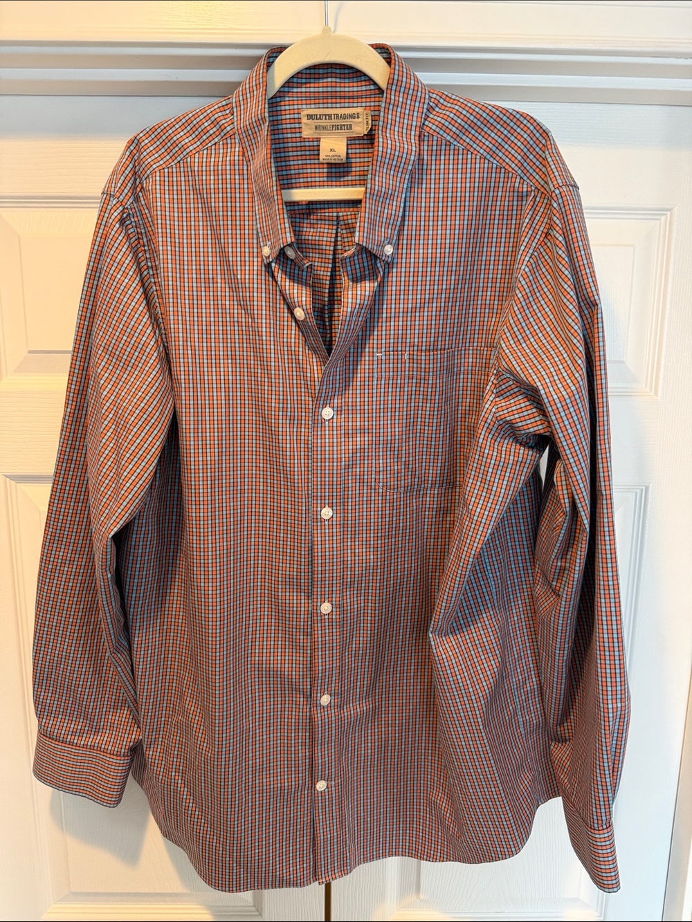 Duluth Trading Co Orange and Blue Check Button-Down Shirt